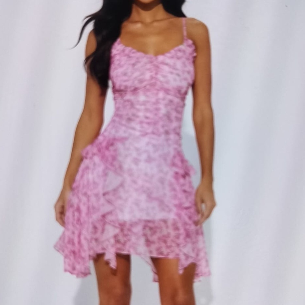 Fashion Nova Pink Asymmetrical Ruffled Sundress